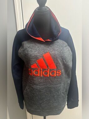 adidas Youth Heather Gray & Navy Hoodie with Bright Orange Logo